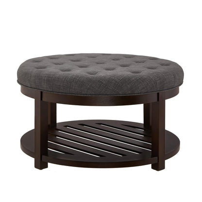 24KF Large Round Upholstered Tufted Linen Ottoman Coffee Table with Wooden Storage Shelf, Large Footrest Ottoman for Living Room, Dark Gray