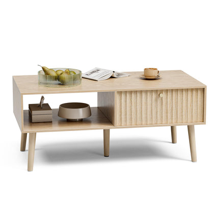 Boho Coffee Table with Storage – Fluted Drawer & Solid Wood Legs, Small Center Table for Living Room, Oak