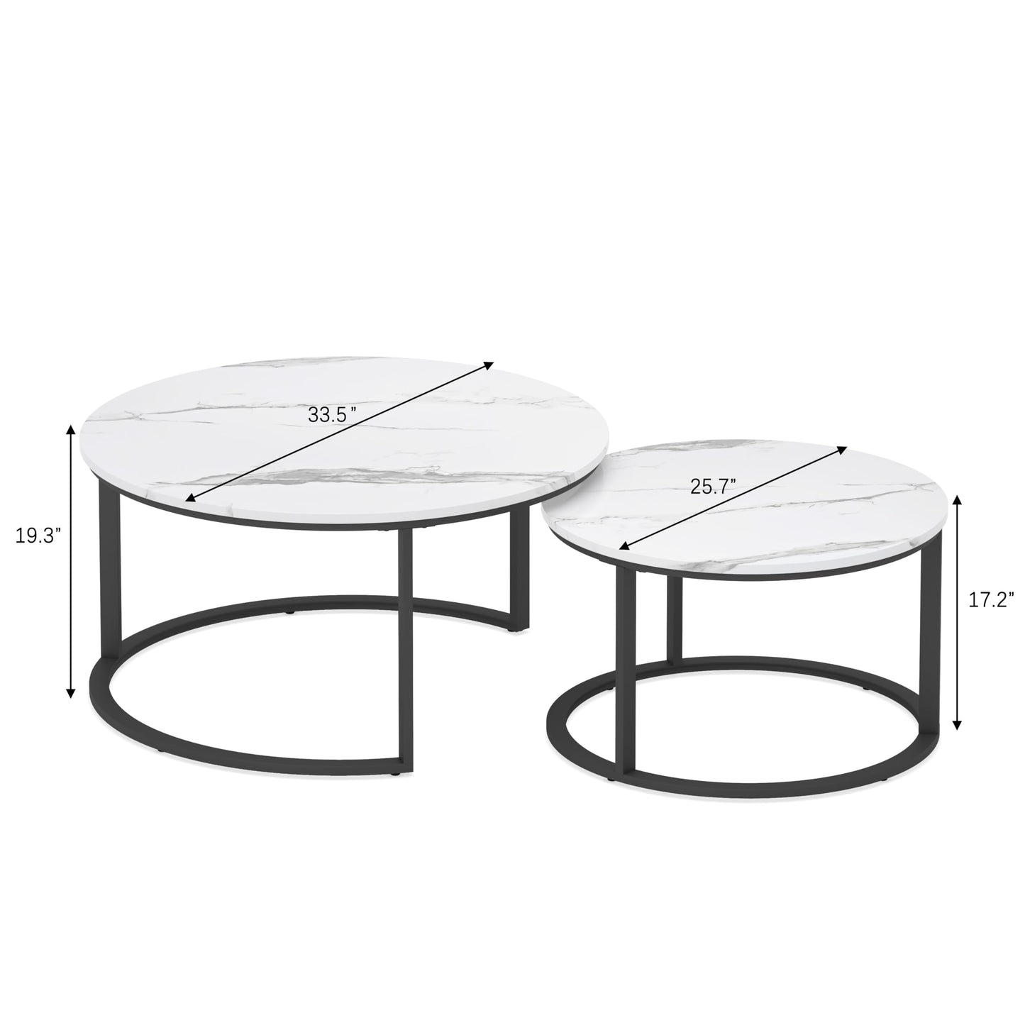 WiberWi Round Nesting Coffee Tables Set of 2 – Large Ø33.5", Small Ø25.7", Modern Metal Frame Circle Tables with High Gloss Faux White Marble Top for Living Room