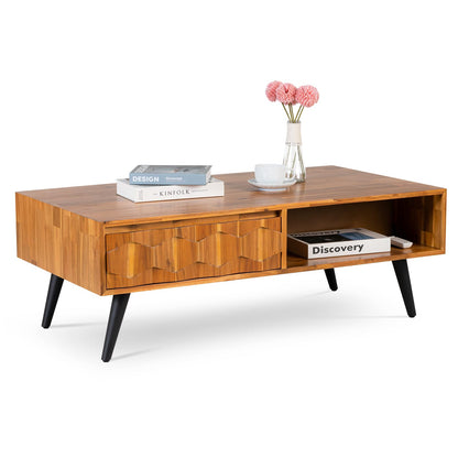 Bme Georgina Mid-Century Modern Solid Wood Coffee Table – 2 Symmetrical Storage Drawers & Geometric Details, Fully Assembled Center Table for Living Room, Teak Brown