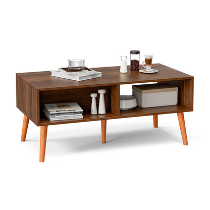 Boho Coffee Table with Rattan Drawer and Solid Wood Legs, Small Living Room Table with Storage, Walnut