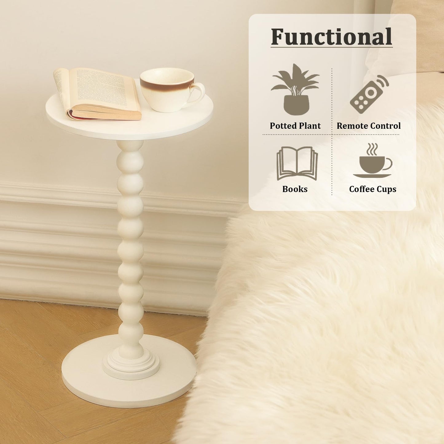 Round Side Table, Small Modern Drink Table with Solid Wood Legs for Living Room, Bedroom, Office, White