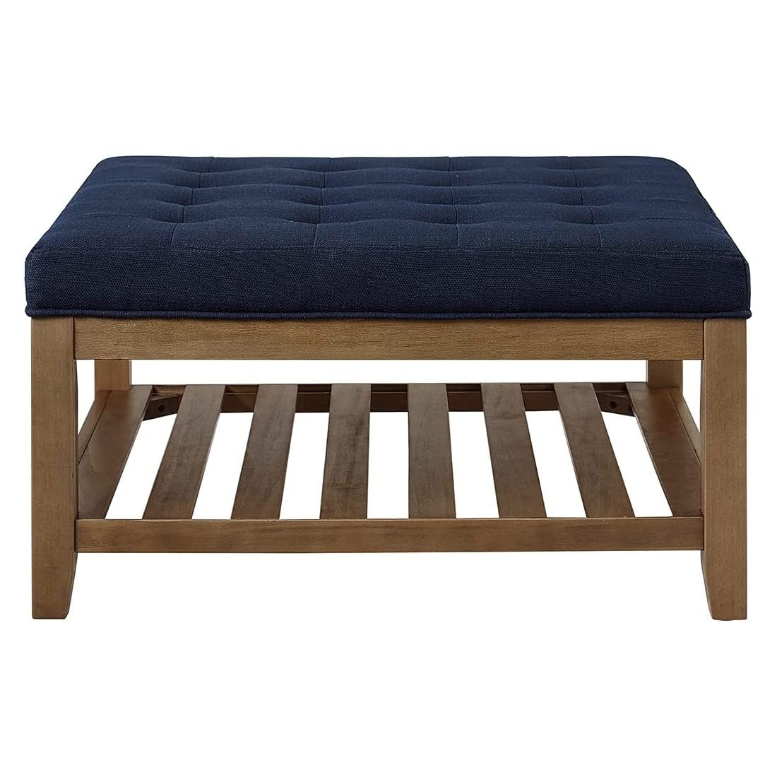 24KF Large Square Upholstered Tufted Linen Ottoman Coffee Table with Solid Wood Storage Shelf, Large Footrest Ottoman for Living Room, Navy Blue