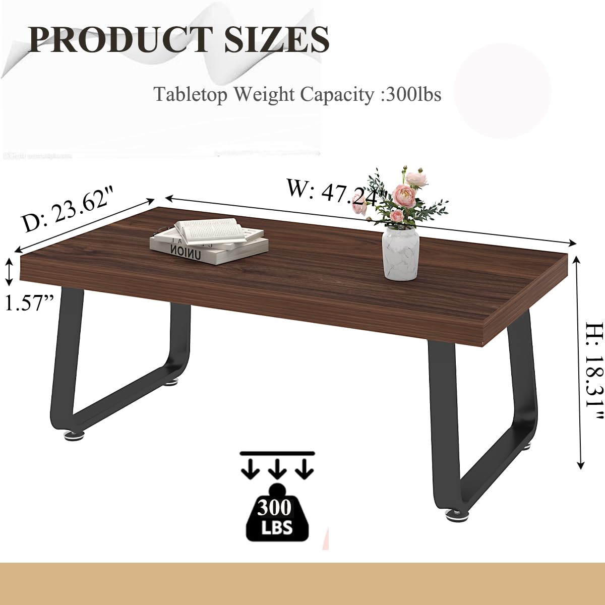 HSH 47" Rustic Walnut Coffee Table – Modern Industrial Rectangle Center Table, Farmhouse Wood and Metal Coffee Table for Living Room, Bedroom, or Office