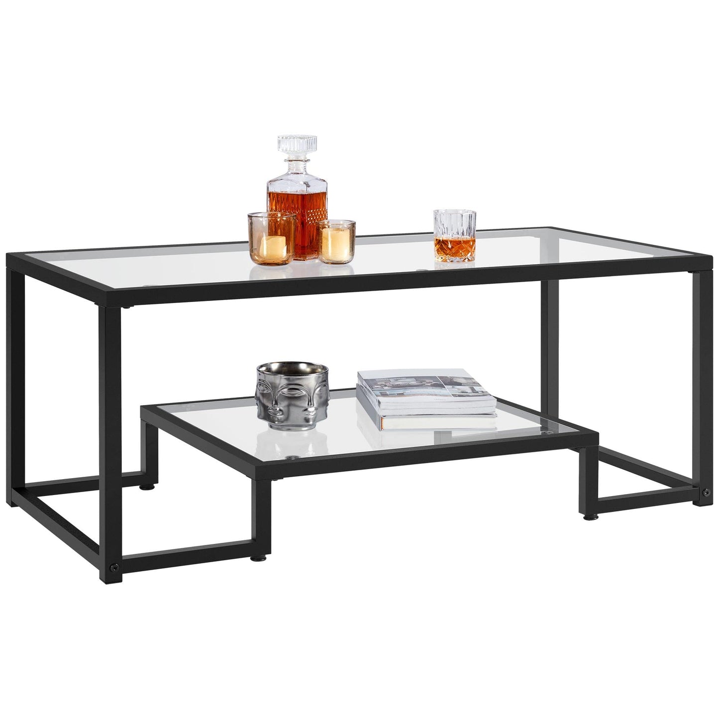 Yaheetech Coffee Table, Tempered Glass Coffee Table, Modern Simple Center Tables w/Geometric-Inspired Design & Metal-Frame & Easy Assembly & Open Storage Shelf for Living Room, Office, Black