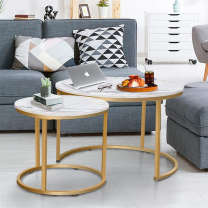 Nesting Coffee Table Set of 2, Round Marble Pattern Wooden Tables with Gold Frame for Living Room or Bedroom, White
