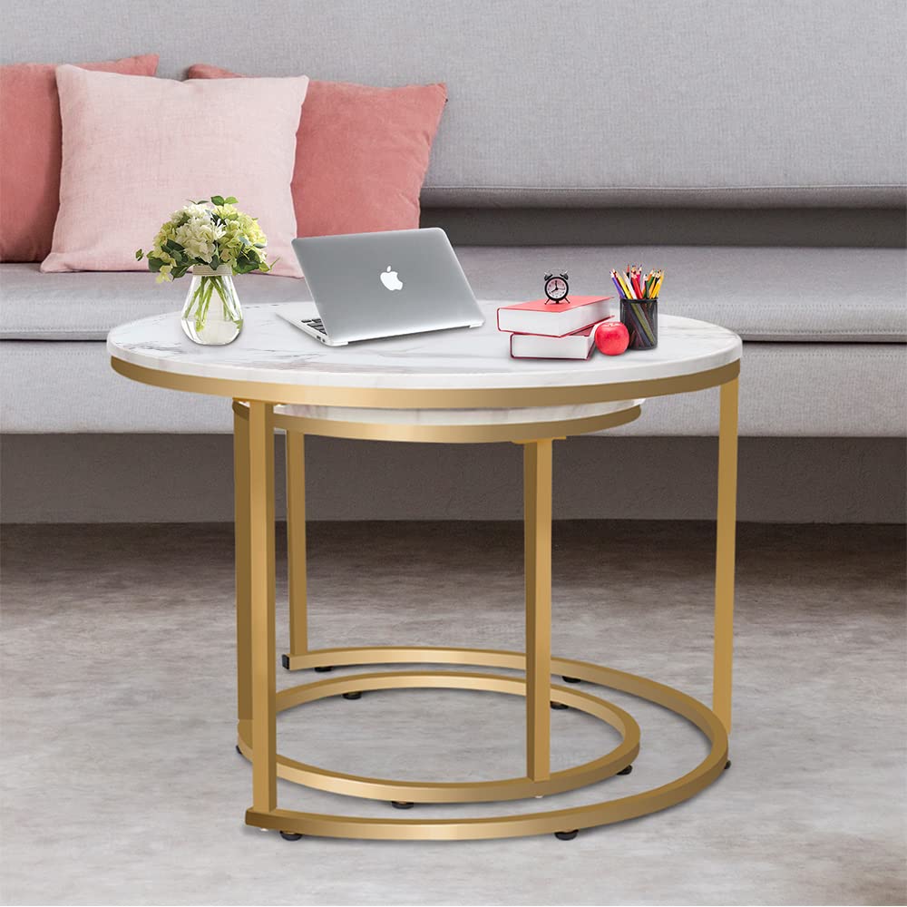 Nesting Coffee Table Set of 2, Round Marble Pattern Wooden Tables with Gold Frame for Living Room or Bedroom, White