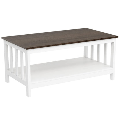 White Farmhouse Coffee Table with Shelf, 40 Inch Living Room Table