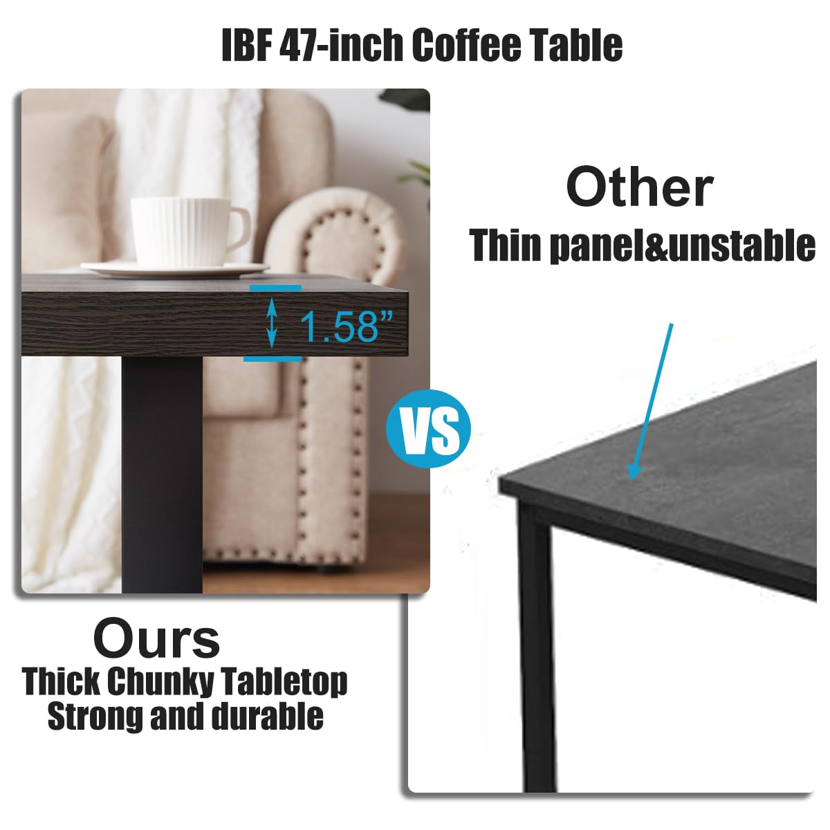 IBF 47" Rustic Coffee Table – Modern Industrial Wood and Metal Rectangle Center Table, Minimalist Farmhouse Cocktail Table for Living Room, Dark Gray Oak