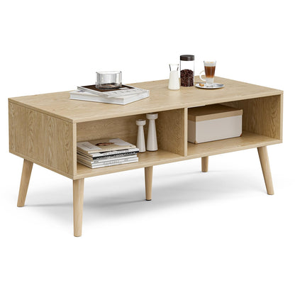 Boho Coffee Table with Rattan Drawer and Solid Wood Legs, Small Living Room Table with Storage, Oak