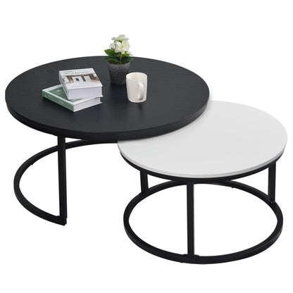 WiberWi Round Nesting Coffee Tables Set of 2 – Large Ø34", Small Ø26", Modern Metal Frame Side & End Tables for Living Room, Black & White