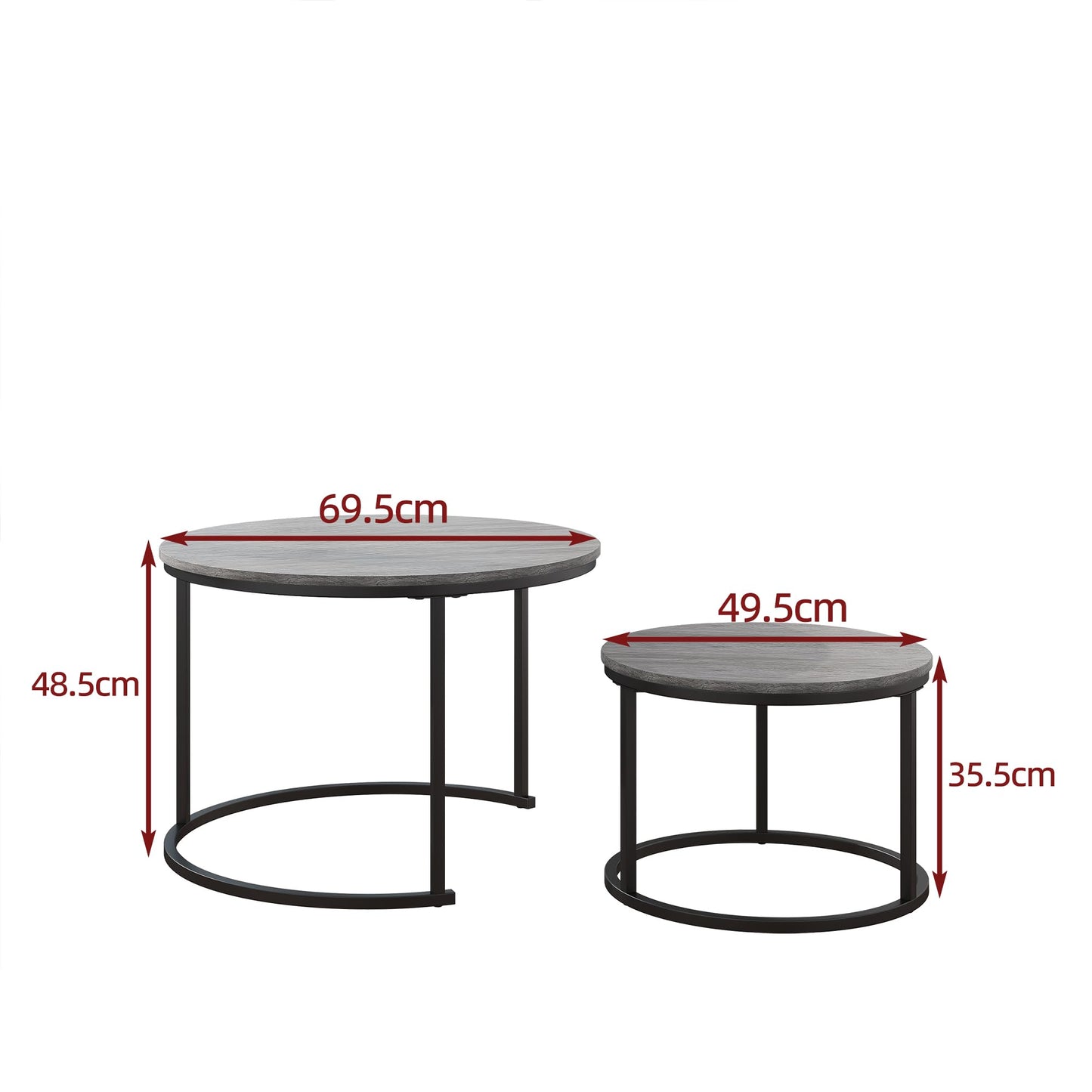 Nesting Round Coffee Table Set of 2, Wooden Accent Tables with Metal Frame for Living Room, Stacking Side Tables, Black/Warm Grey