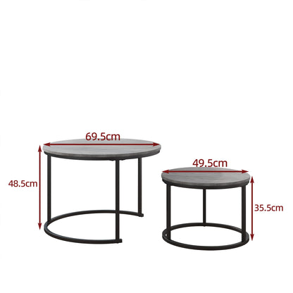 Nesting Round Coffee Table Set of 2, Wooden Accent Tables with Metal Frame for Living Room, Stacking Side Tables, Black/Warm Grey