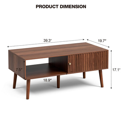 Coffee Table with Storage, Mid Century Dining Table with Sliding Fluted Door and Solid Wood Legs, Small Coffee Tables for Living Room, Walnut