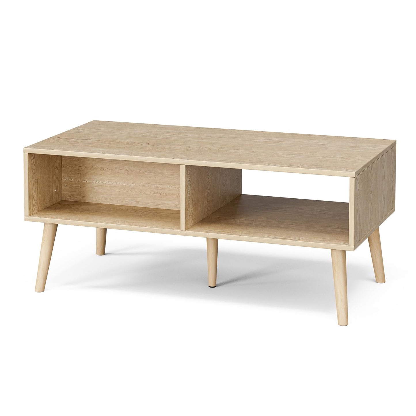 Boho Coffee Table with Rattan Drawer and Solid Wood Legs, Small Living Room Table with Storage, Oak