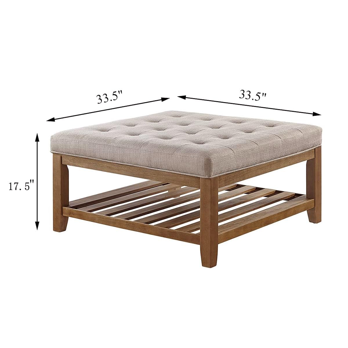 24KF Large Square Upholstered Tufted Linen Ottoman Coffee Table with Solid Wood Storage Shelf, Large Footrest Ottoman for Living Room, Linen