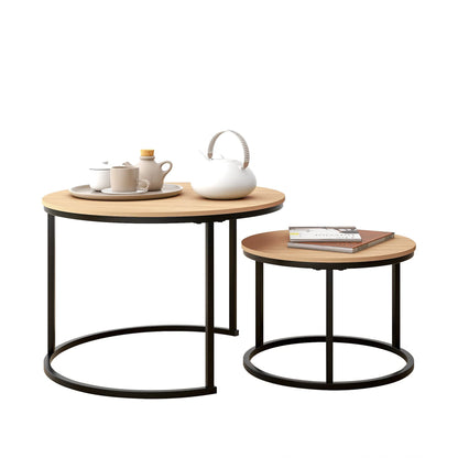 Industrial Round Coffee Table Set of 2, Stacking Side Tables with Wood-Look Top and Metal Frame for Living Room, Black/Teak