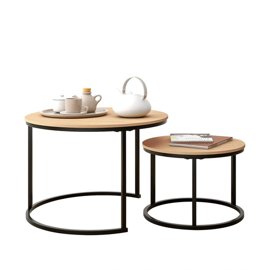 Industrial Round Coffee Table Set of 2, Stacking Side Tables with Wood-Look Top and Metal Frame for Living Room, Black/Teak
