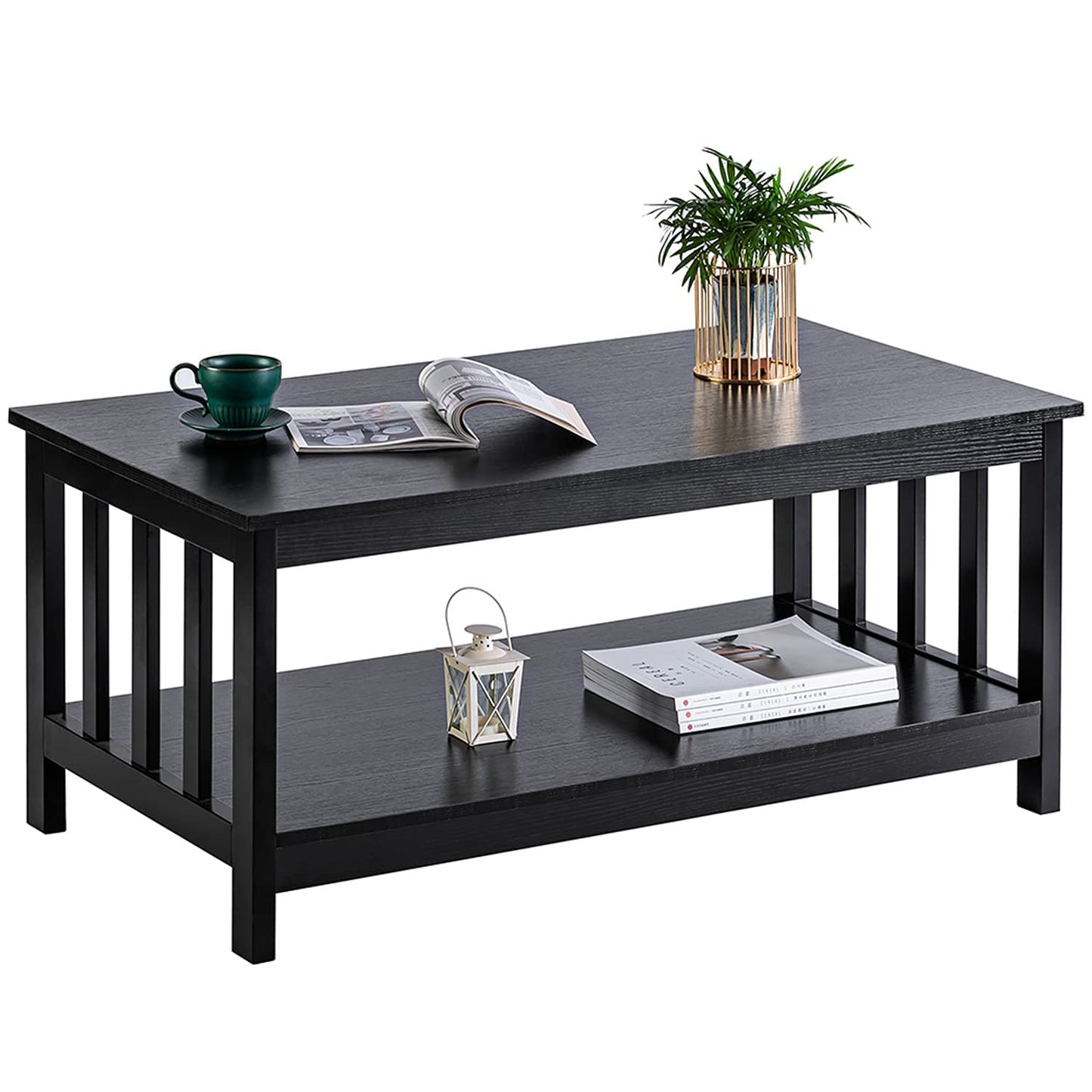 Black Wood Mission Coffee Table with Shelf, 40 Inch Living Room Table