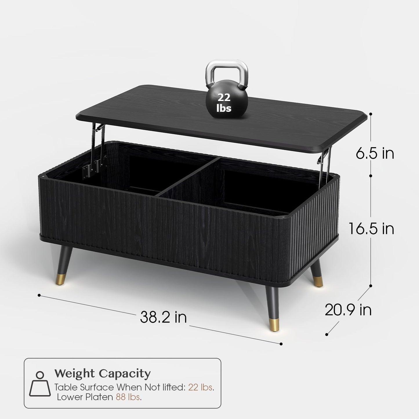 Lift Top Coffee Table with Storage Shelf & Hidden Compartment, Mid-Century Modern Fluted Rectangle Table for Living Room or Home Office, Black