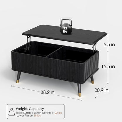Lift Top Coffee Table with Storage Shelf & Hidden Compartment, Mid-Century Modern Fluted Rectangle Table for Living Room or Home Office, Black