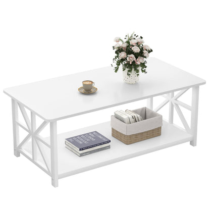 GreenForest 39" Coffee Table for Living Room with Round Corners, Farmhouse Style Center Table with 2-Tier Storage Shelf, Space-Saving & Easy Assembly, Full White