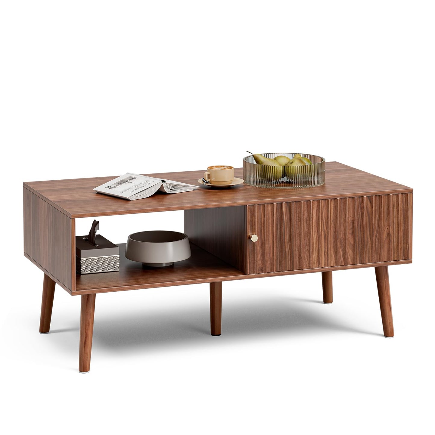 Coffee Table with Storage, Mid Century Dining Table with Sliding Fluted Door and Solid Wood Legs, Small Coffee Tables for Living Room, Walnut