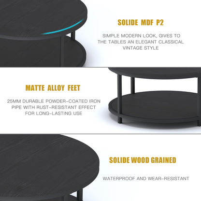 NSdirect 36" Round Coffee Table for Living Room – Rustic Black Oak Wooden Top with Sturdy Metal Legs, 2-Tier Industrial Sofa Table with Open Storage Shelf, Modern Home Furniture
