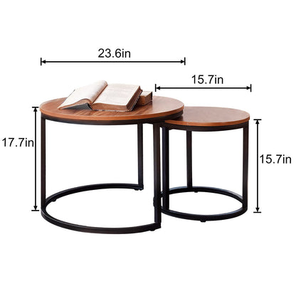 Nesting Coffee Table Set of 2, Round End Tables with Sturdy Metal Frame for Living Room or Bedroom, Modern Industrial Style