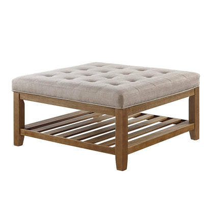 24KF Large Square Upholstered Tufted Linen Ottoman Coffee Table with Solid Wood Storage Shelf, Large Footrest Ottoman for Living Room, Linen