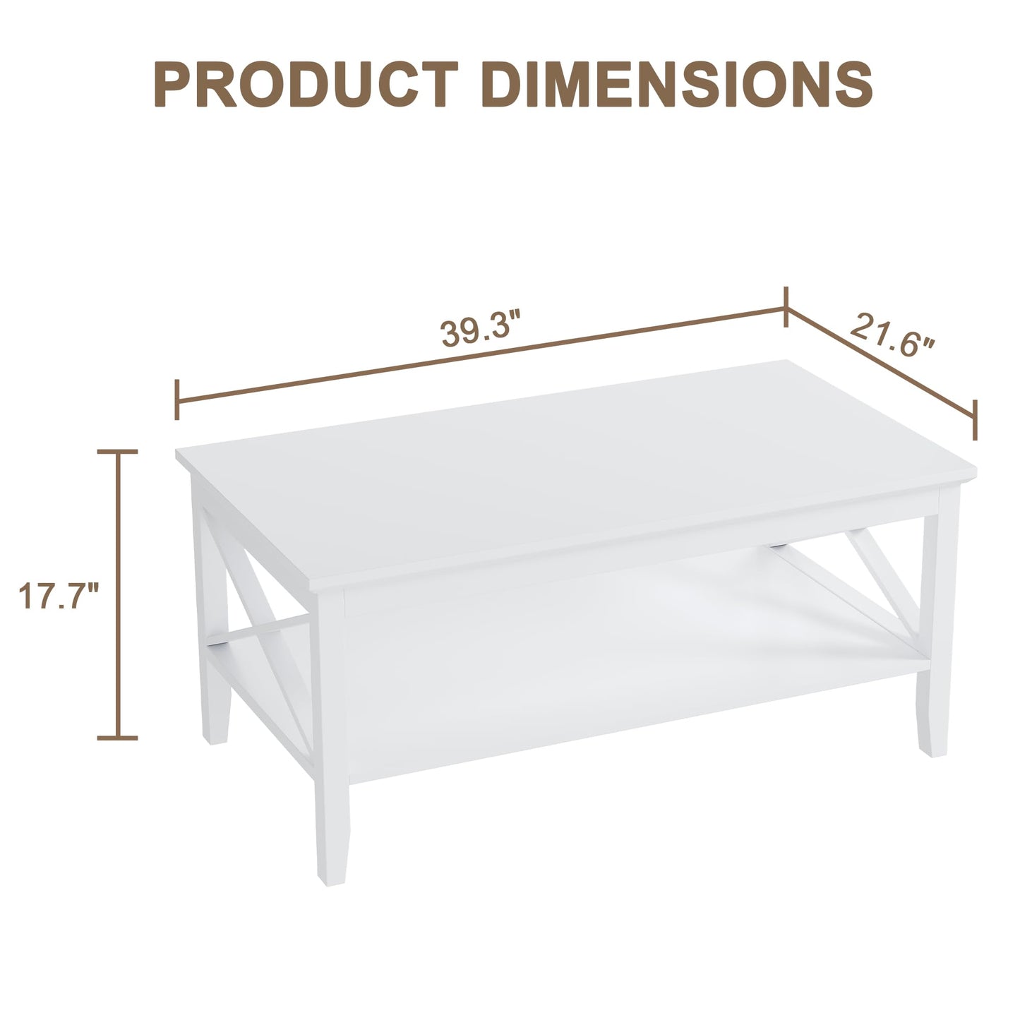 White Rectangular Coffee Table with X Design and Storage Shelf, 39 Inch Modern Living Room Table