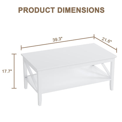 White Rectangular Coffee Table with X Design and Storage Shelf, 39 Inch Modern Living Room Table