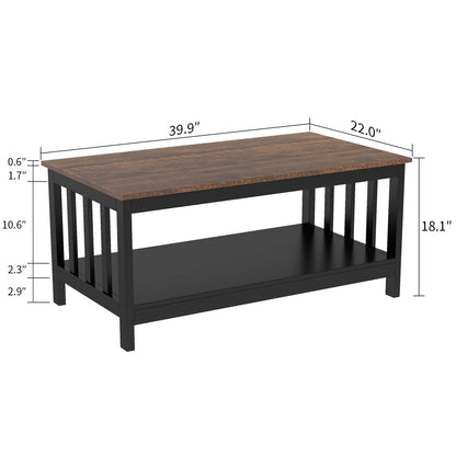 Black Farmhouse Coffee Table with Shelf, 40 Inch Living Room Table