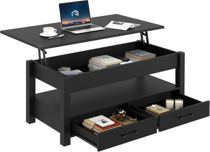 Rolanstar Lift Top Coffee Table with Drawers & Hidden Compartment – Retro Wooden Central Table with Adjustable Lift Tabletop for Living Room, Black