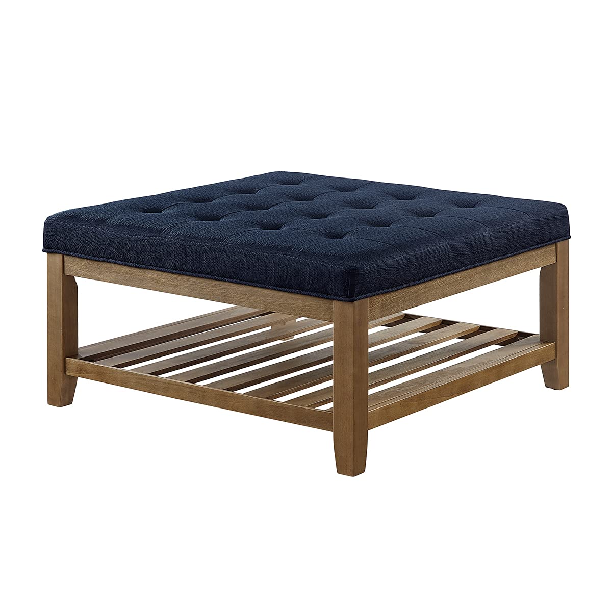 24KF Large Square Upholstered Tufted Linen Ottoman Coffee Table with Solid Wood Storage Shelf, Large Footrest Ottoman for Living Room, Navy Blue