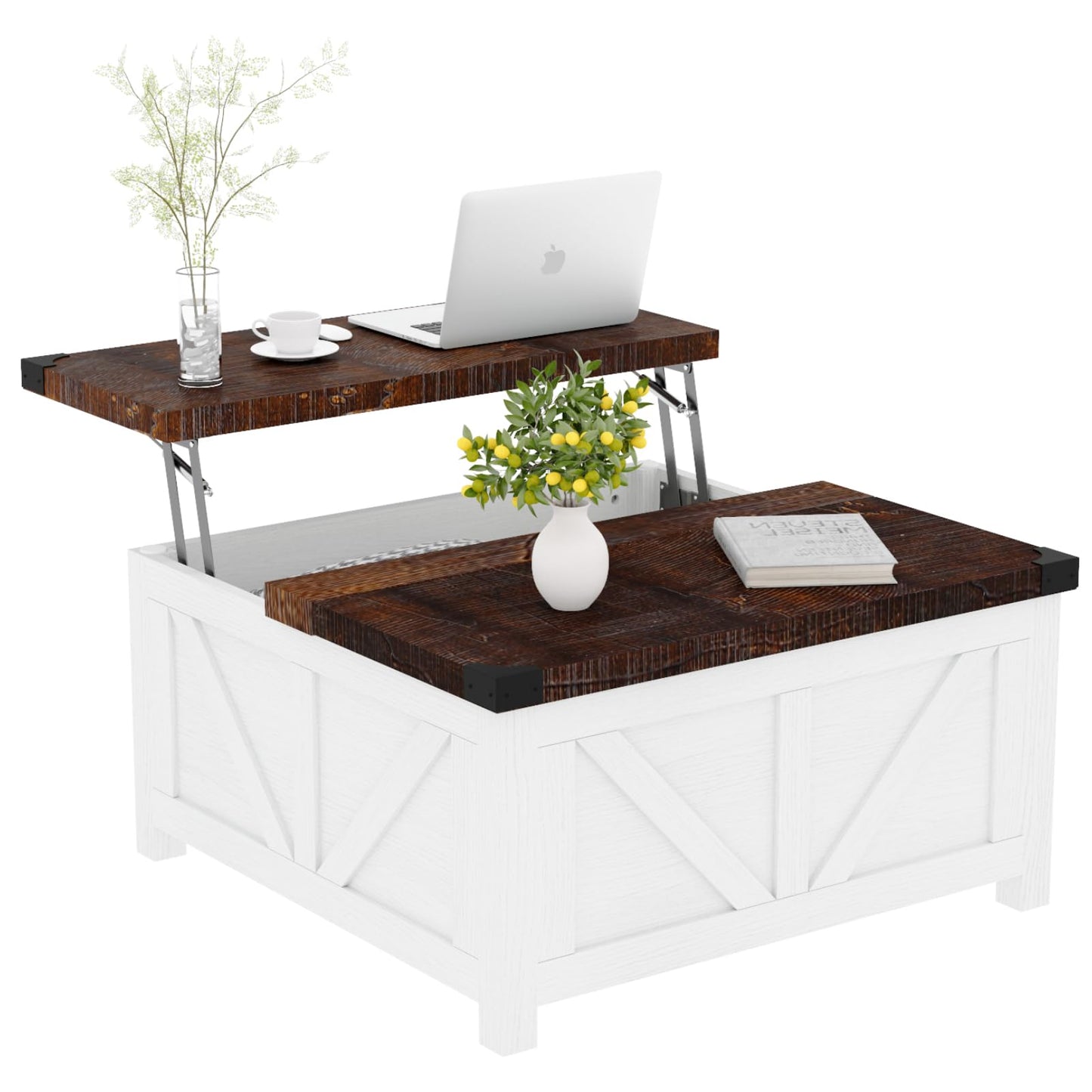 Farmhouse Lift Top Coffee Table with Storage and Charging Station – White Wood Square Center Table with USB Ports, Hidden Compartment, and Large Storage Space for Living Room, Bedroom, or Home Office