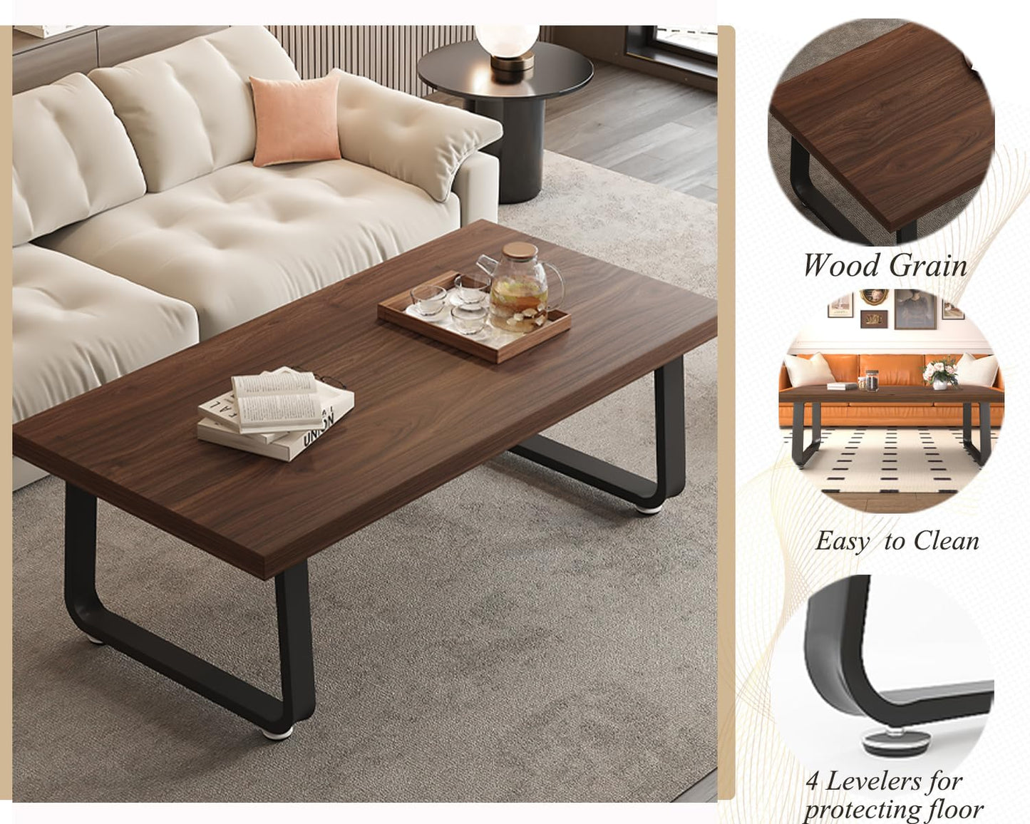 HSH 47" Rustic Walnut Coffee Table – Modern Industrial Rectangle Center Table, Farmhouse Wood and Metal Coffee Table for Living Room, Bedroom, or Office