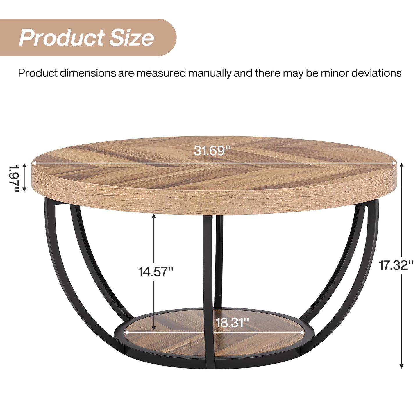 Tribesigns 31.7" Round Industrial Coffee Table, 2-Tier Wood and Black Metal Accent Center Table with Storage Shelves for Living Room or Home Office, Easy Assembly