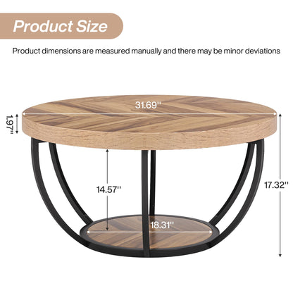 Tribesigns 31.7" Round Industrial Coffee Table, 2-Tier Wood and Black Metal Accent Center Table with Storage Shelves for Living Room or Home Office, Easy Assembly