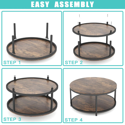 NSdirect 36" Round Coffee Table for Living Room – Rustic Brown Wooden Top with Sturdy Metal Legs, 2-Tier Industrial Sofa Table with Open Storage Shelf, Modern Home Furniture