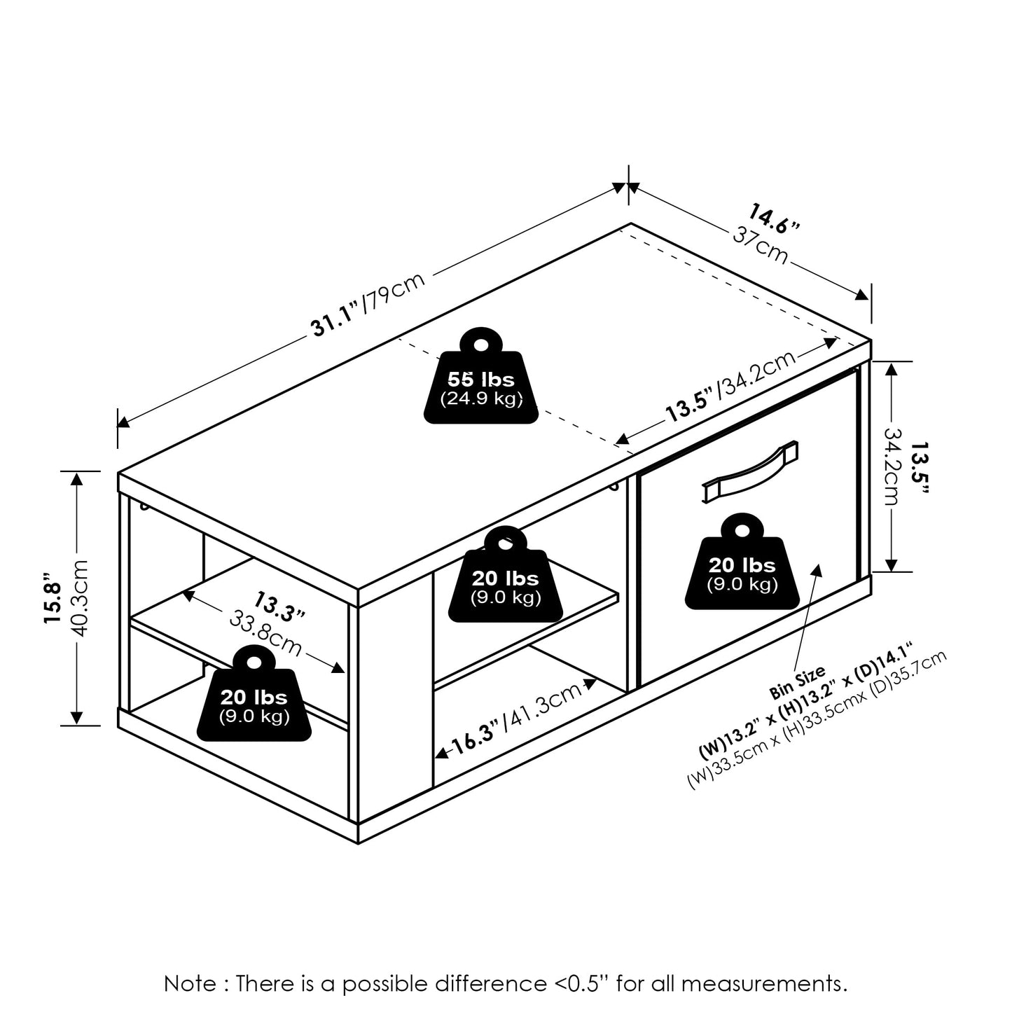 Modern Coffee Table with Open Shelves and Storage Bin, Stylish Side Table for Living Room, Amber Pine/Black