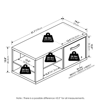 Modern Coffee Table with Open Shelves and Storage Bin, Stylish Side Table for Living Room, Amber Pine/Black