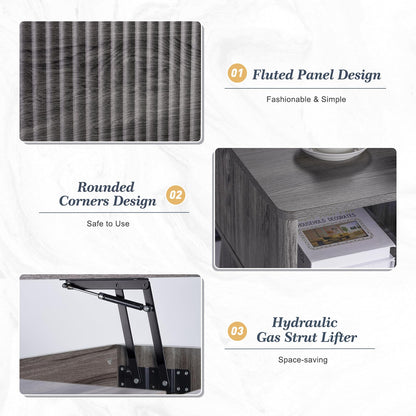 LYNCOHOME Fluted Lift Top Coffee Table with Storage – Modern Center Table for Living Room or Home Office, Grey Finish