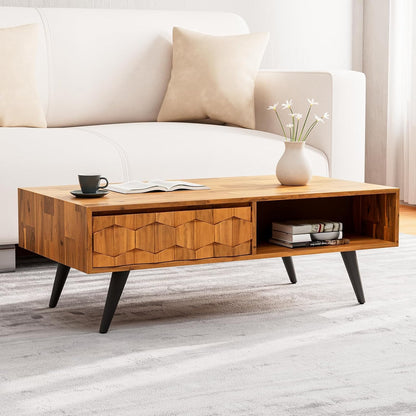 Bme Georgina Mid-Century Modern Solid Wood Coffee Table – 2 Symmetrical Storage Drawers & Geometric Details, Fully Assembled Center Table for Living Room, Teak Brown
