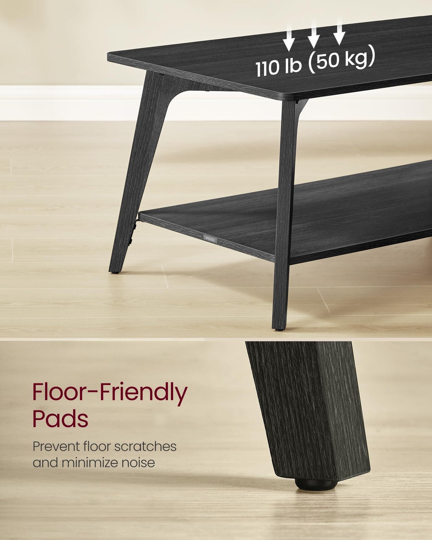 VASAGLE MAEZO Collection 2-Tier Coffee Table with Storage, Tapered Legs & Curved Transitions – 21.7" x 39.4" x 17.7" Modern Center Table for Living Room, Easy Assembly, Charcoal Gray (ULCT249B01)