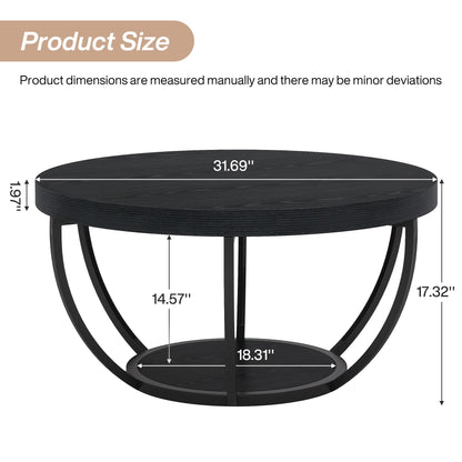 Tribesigns Black Round Coffee Table, 31.7" Modern 2-Tier Circle Coffee Table with Storage Shelves, Accent Cocktail Table Center Table for Living Room