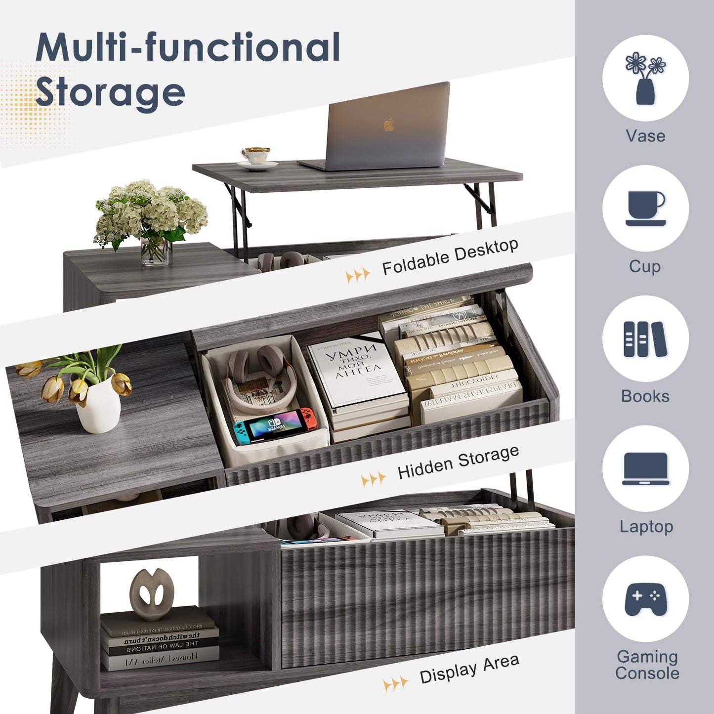 LYNCOHOME Fluted Lift Top Coffee Table with Storage – Modern Center Table for Living Room or Home Office, Grey Finish