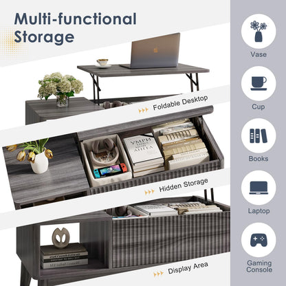 LYNCOHOME Fluted Lift Top Coffee Table with Storage – Modern Center Table for Living Room or Home Office, Grey Finish