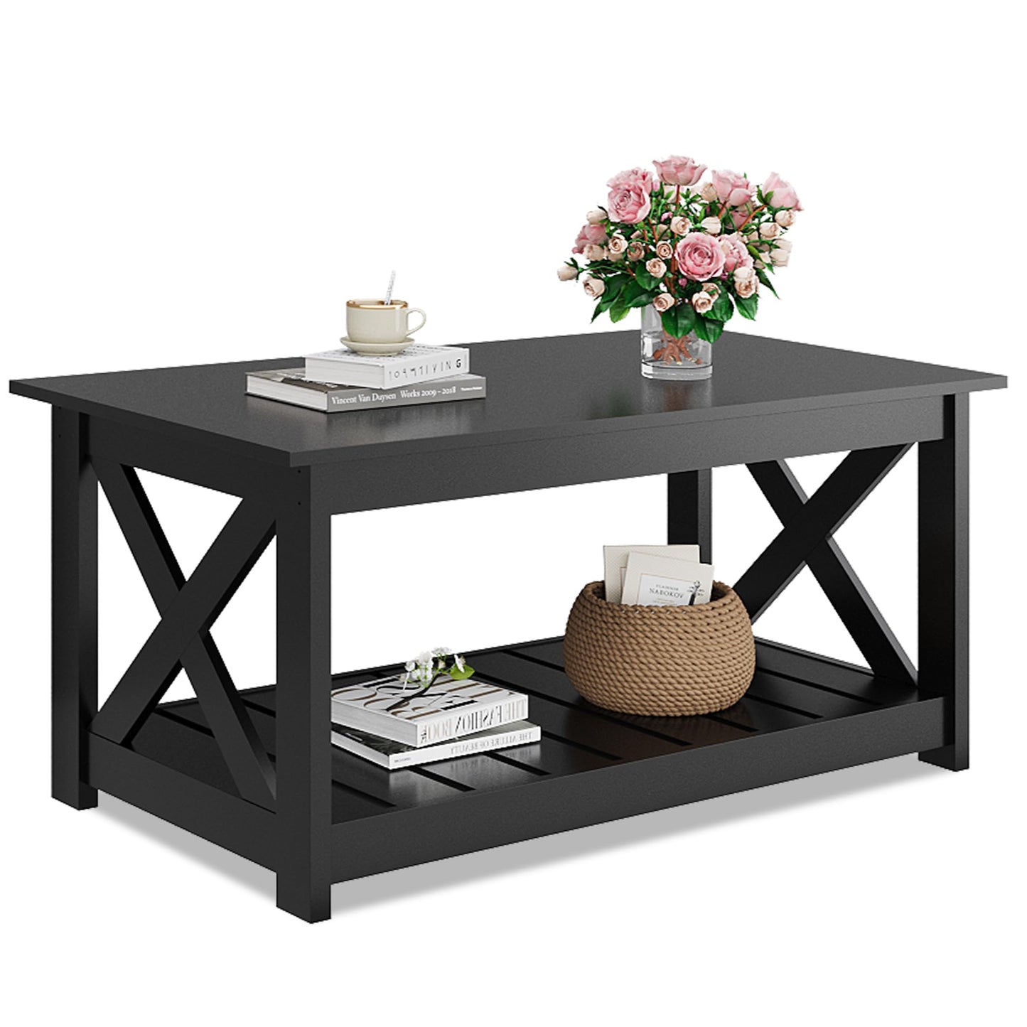 WLIVE 40.1" Farmhouse Coffee Table – 2-Tier Wood Center Table with Slatted Storage Shelf & X-Frame, Living Room or Balcony, Black
