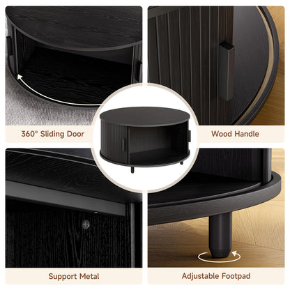 Round Coffee Table with Storage, 31.5" Modern Fluted Wood Table with 360° Sliding Door and Adjustable Footpads, Black